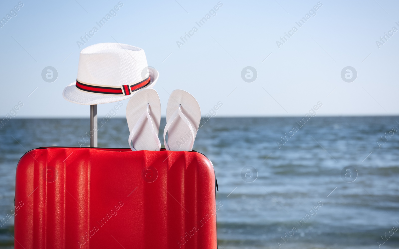 Photo of Bright suitcase and different beach accessories on sand near sea. Space for text