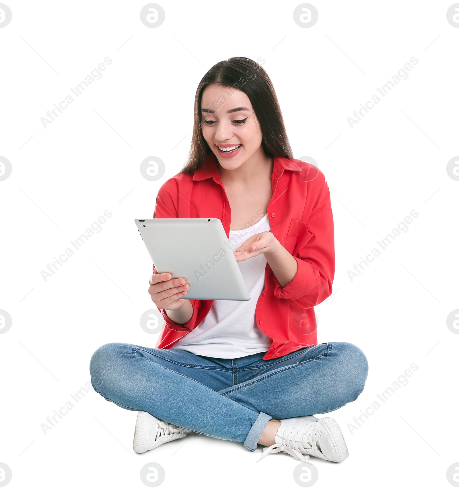 Photo of Woman using tablet for video chat isolated on white