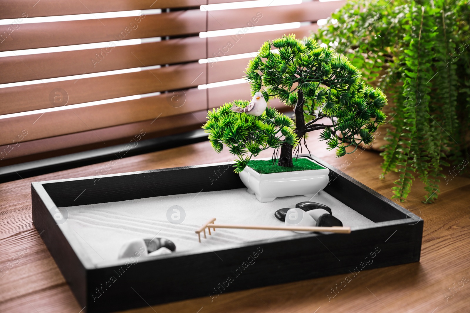 Photo of Beautiful miniature zen garden on wooden table