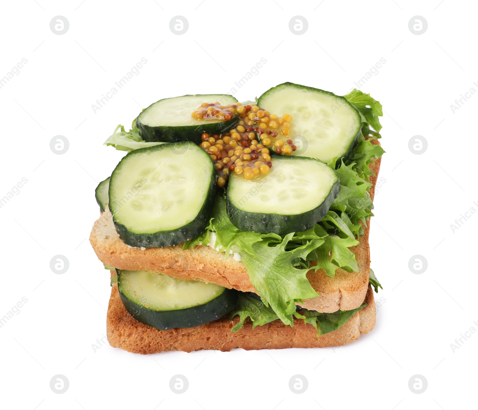 Photo of Tasty cucumber sandwiches with arugula and mustard on white background