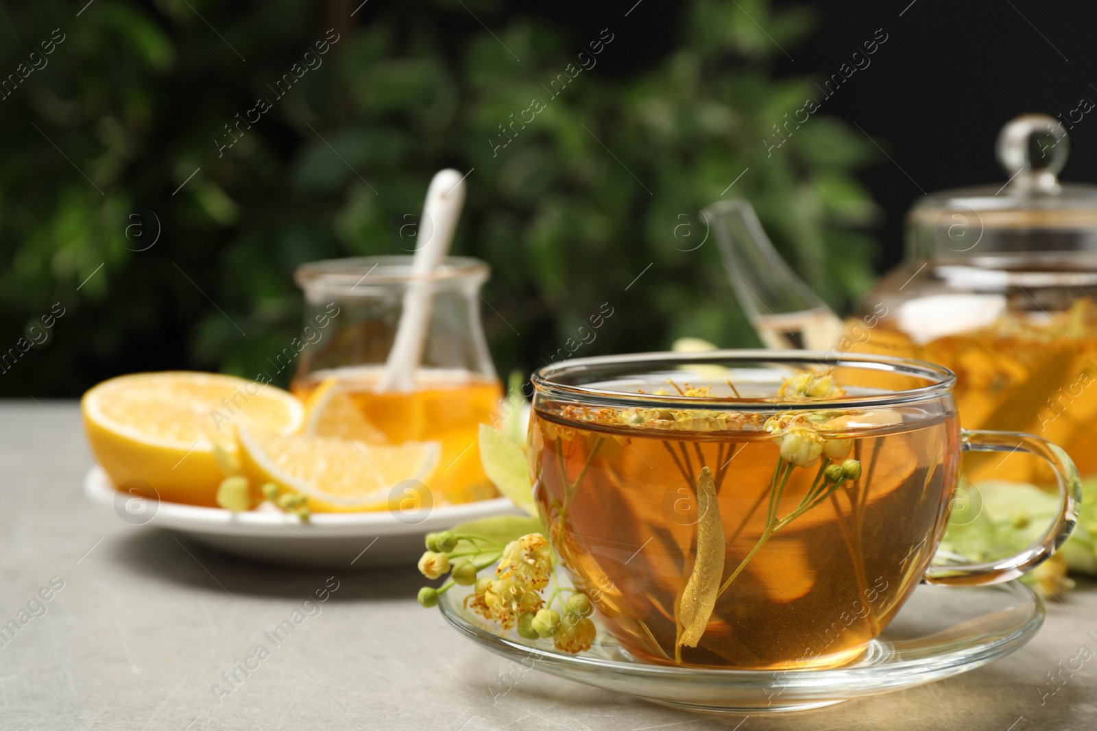 Photo of Cup of tea with linden blossom on light grey table, Space for text
