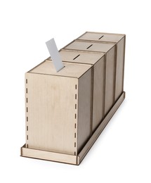 Wooden ballot boxes with vote isolated on white