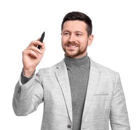 Handsome bearded businessman with marker on white background