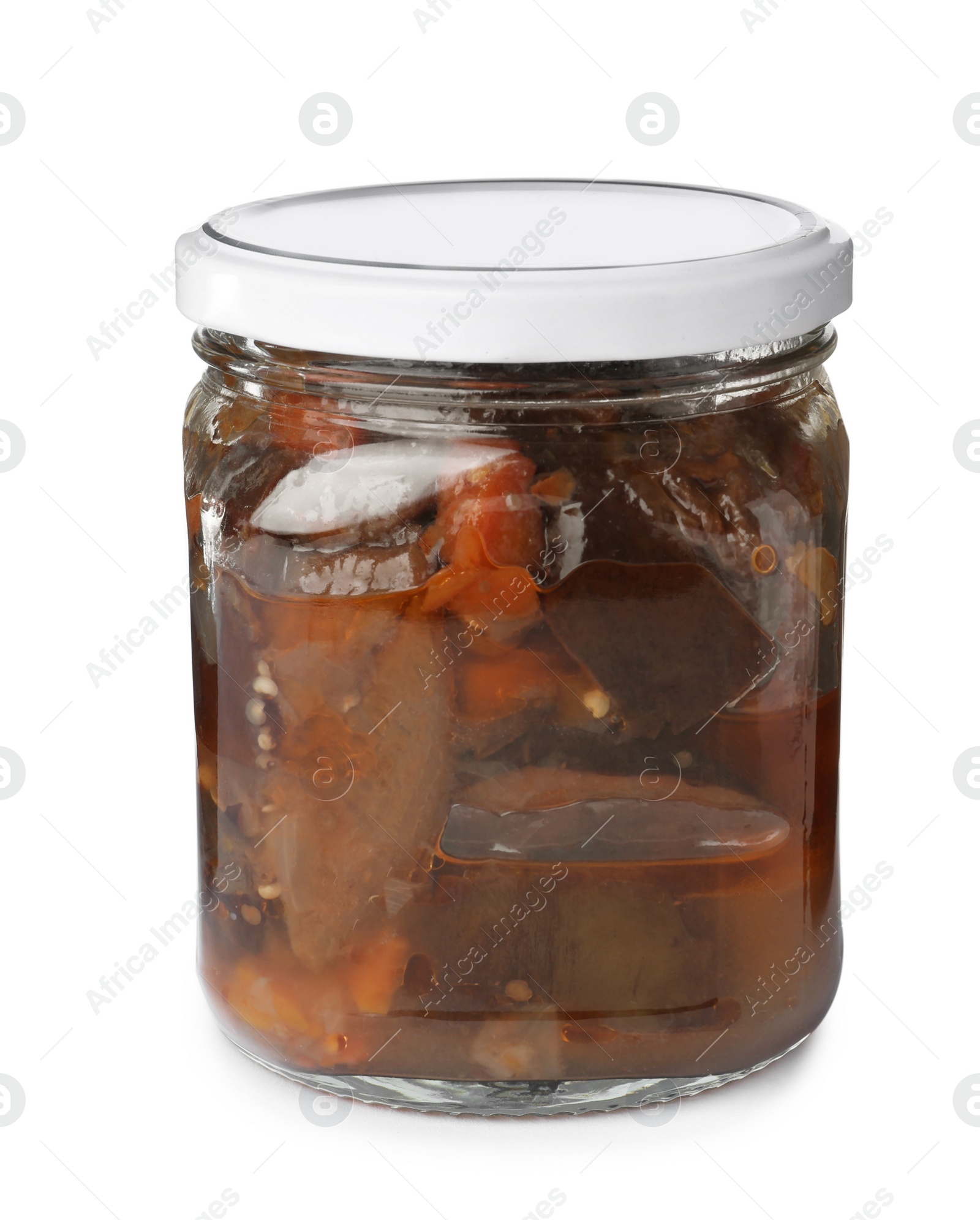 Photo of Jar with pickled eggplant slices on white background