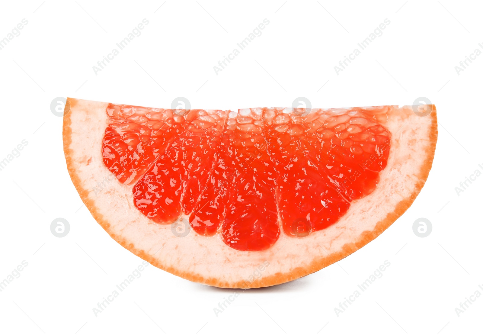 Photo of Slice of ripe juicy grapefruit on white background