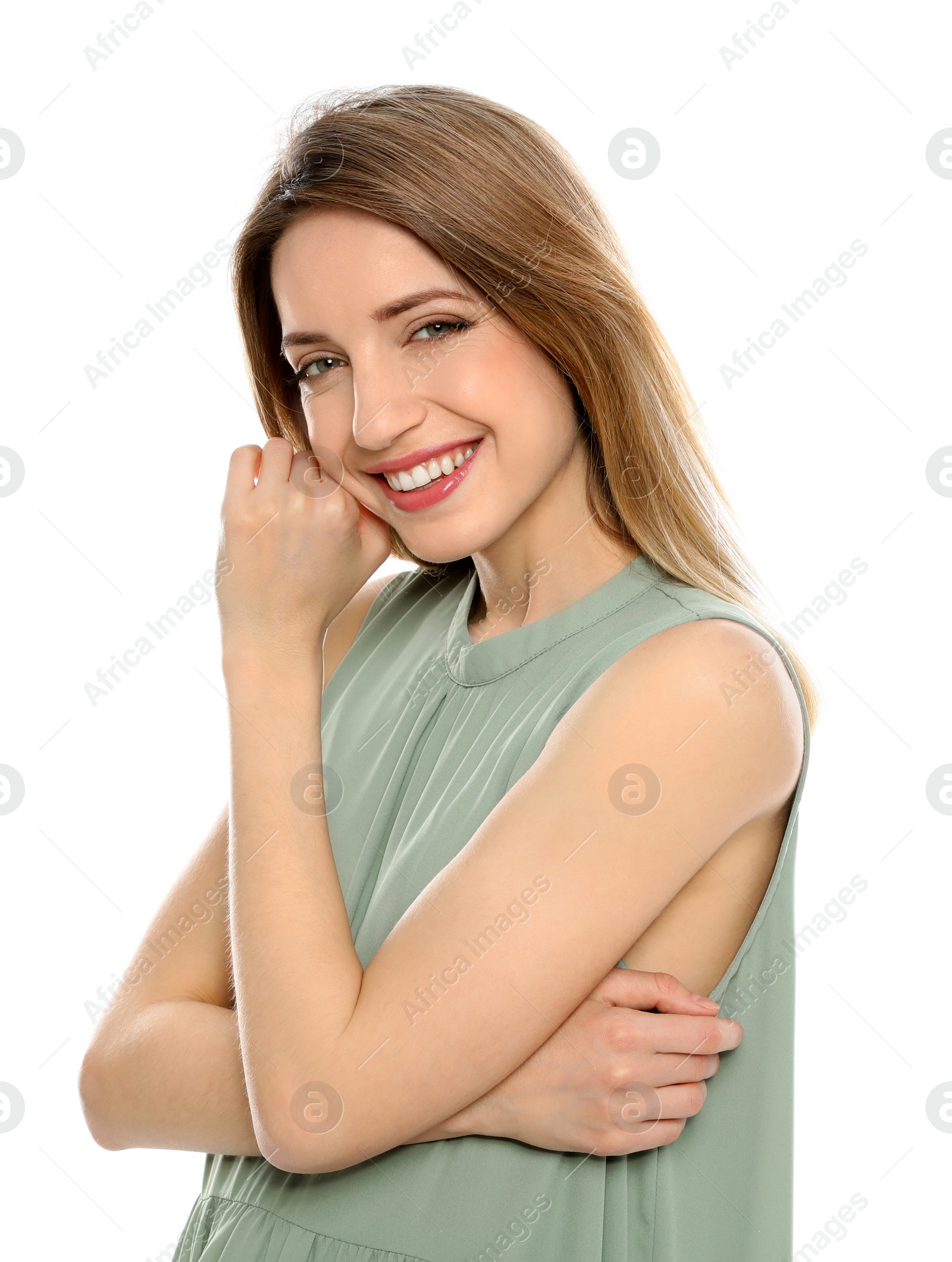 Photo of Portrait of young woman with beautiful face on white background