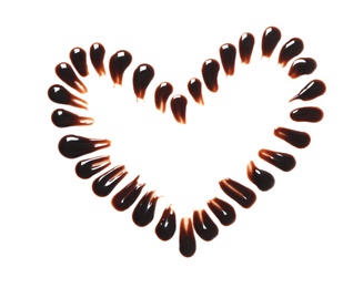 Heart made of dark chocolate drops on white background, top view