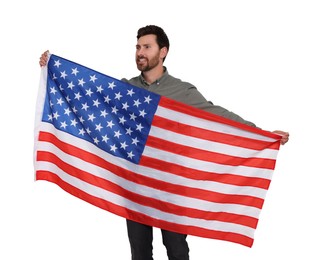 Image of 4th of July - Independence day of America. Happy man holding national flag of United States on white background