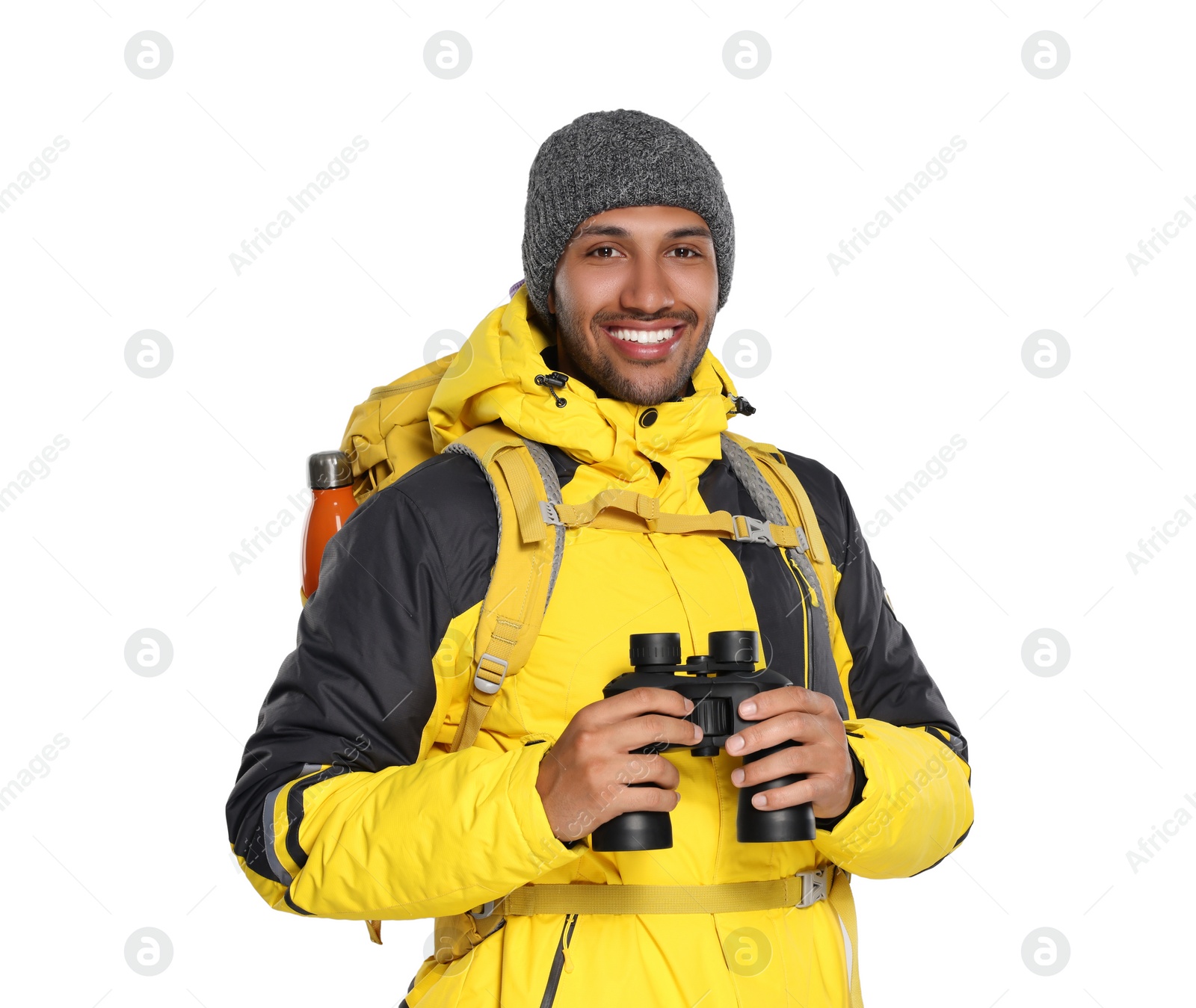 Photo of Happy tourist with backpack and binoculars on white background