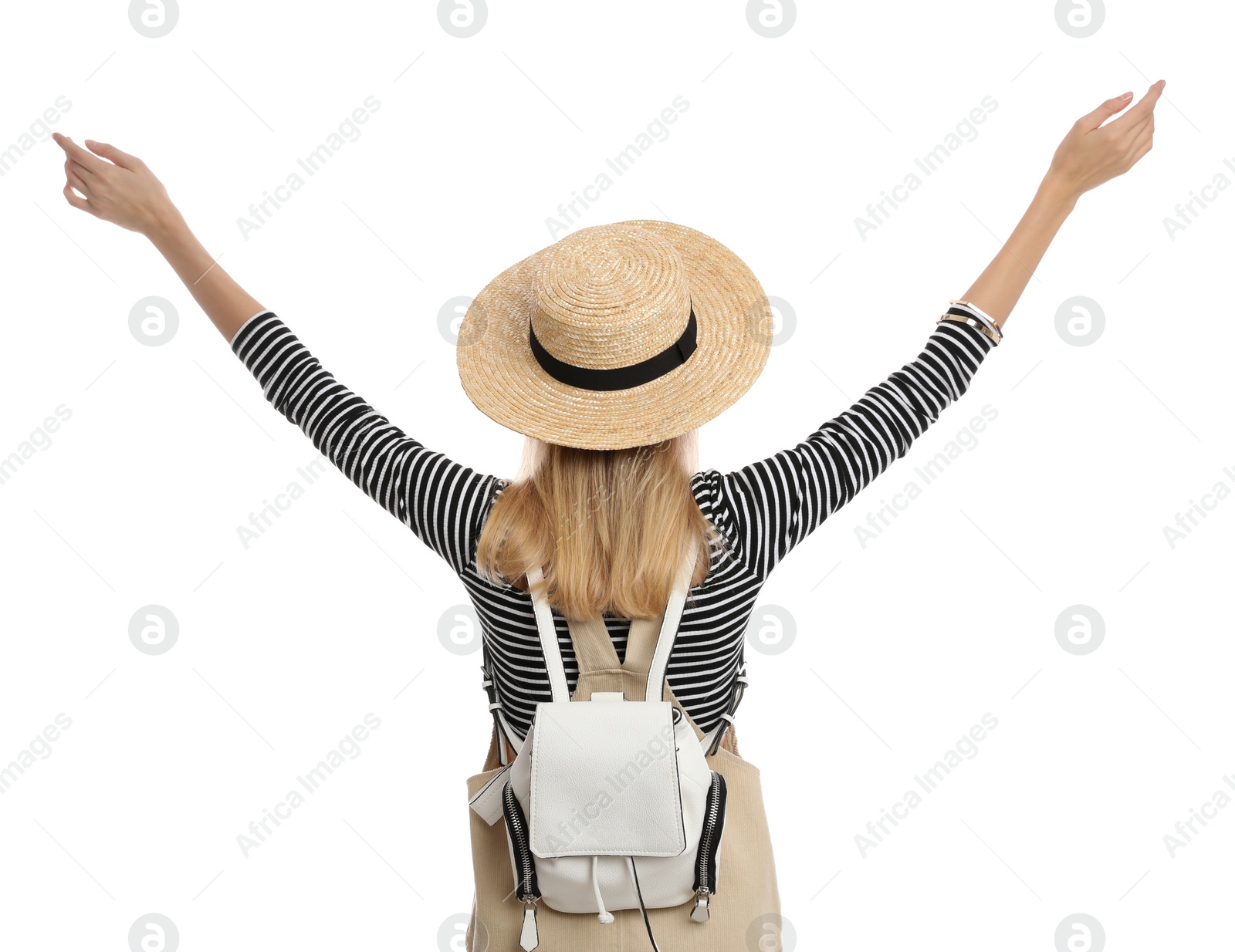 Photo of Woman with backpack on white background, back view. Summer travel