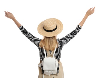 Woman with backpack on white background, back view. Summer travel