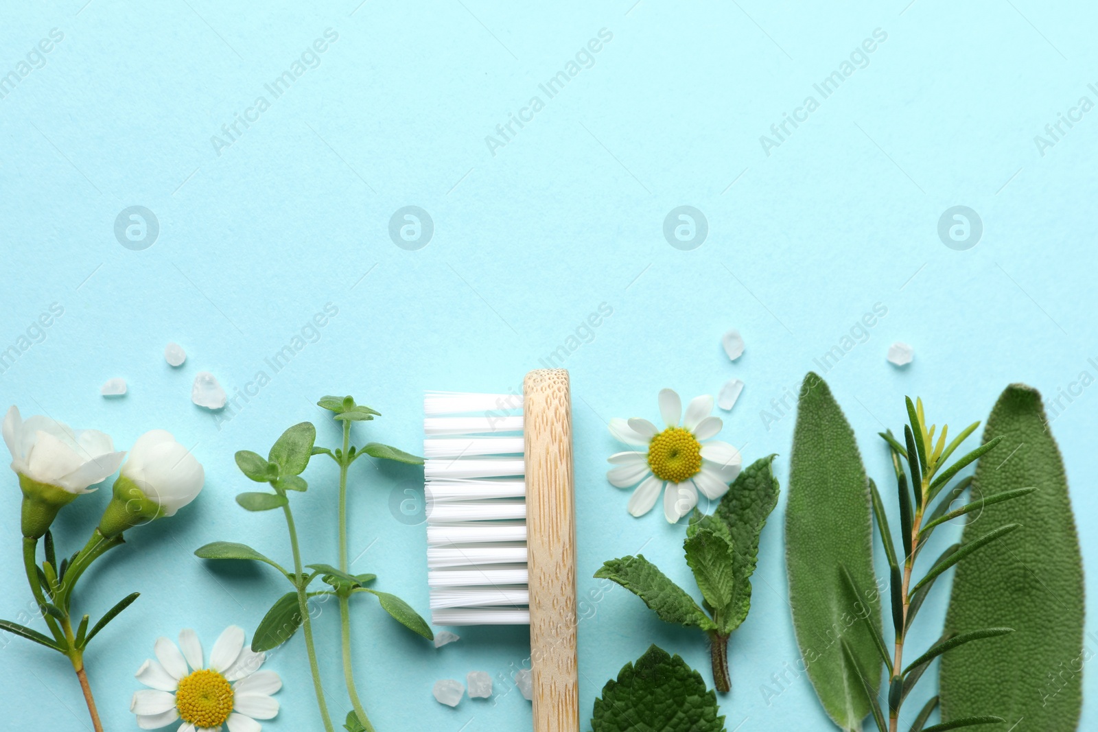 Photo of Bamboo toothbrush, beautiful flowers, sea salt and herbs on turquoise background, flat lay. Space for text