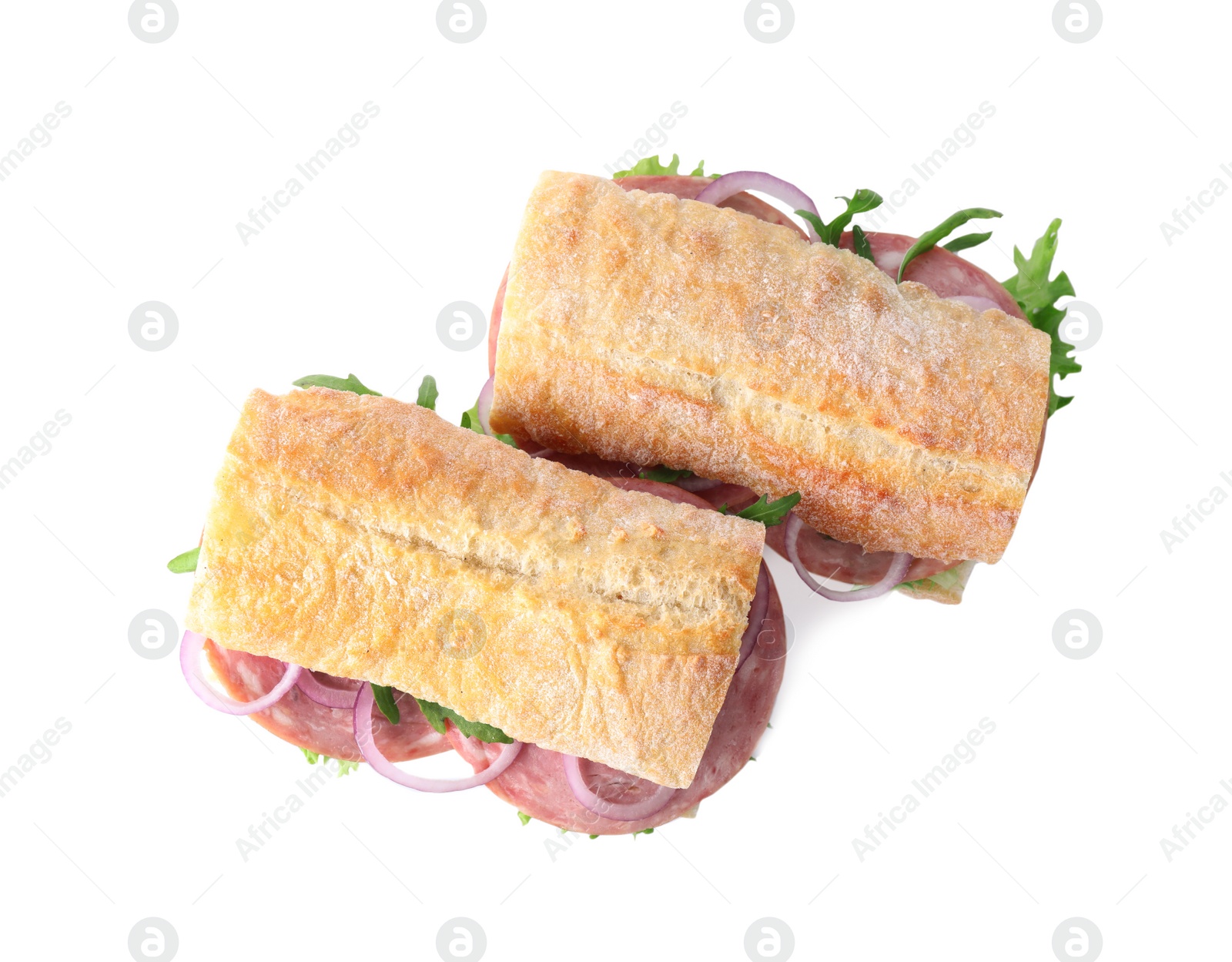 Photo of Tasty sandwiches with ham isolated on white, top view