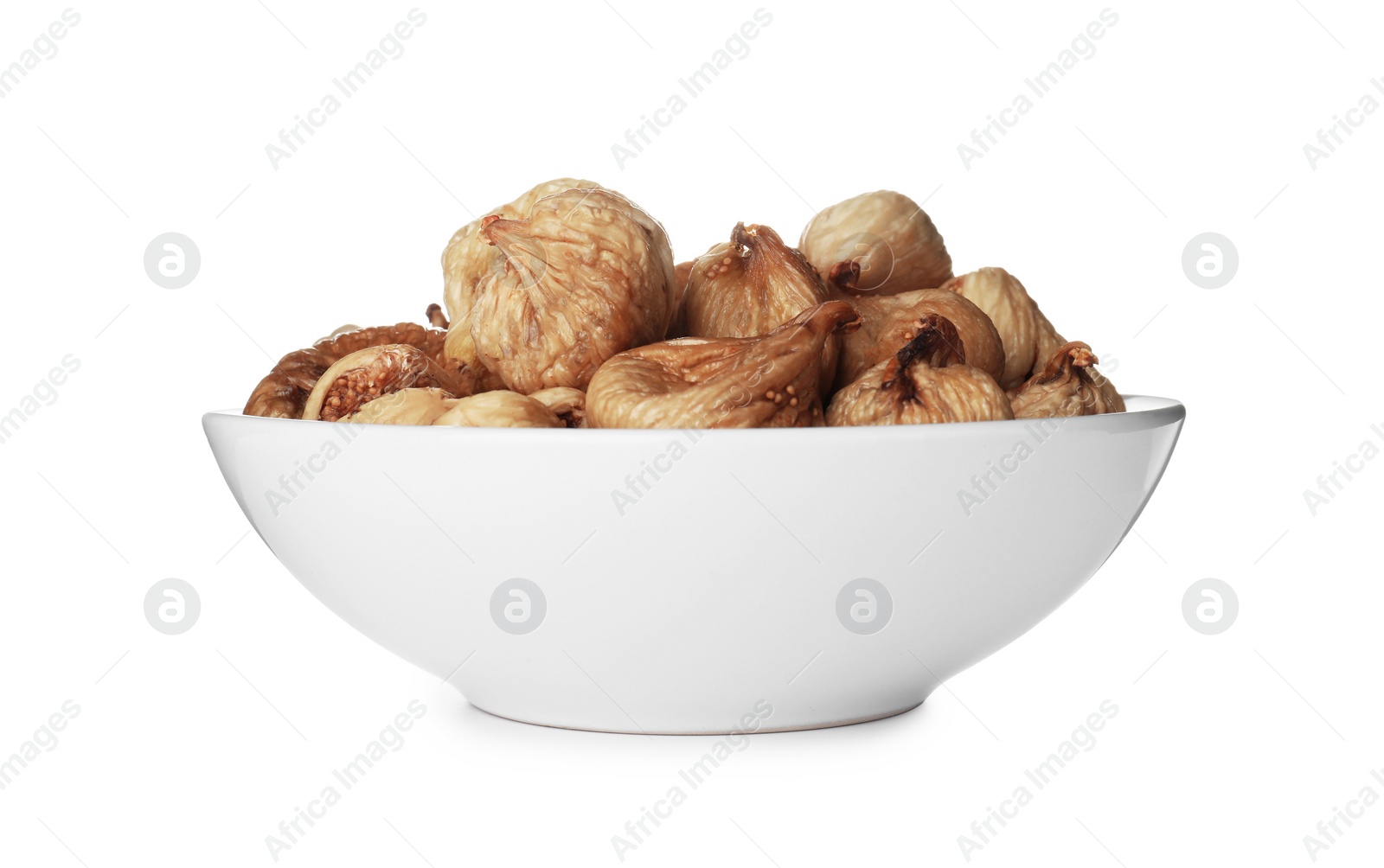 Photo of Bowl with figs on white background. Dried fruit as healthy food