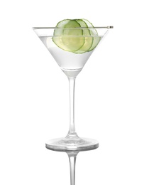 Glass of tasty martini with cucumber on white background