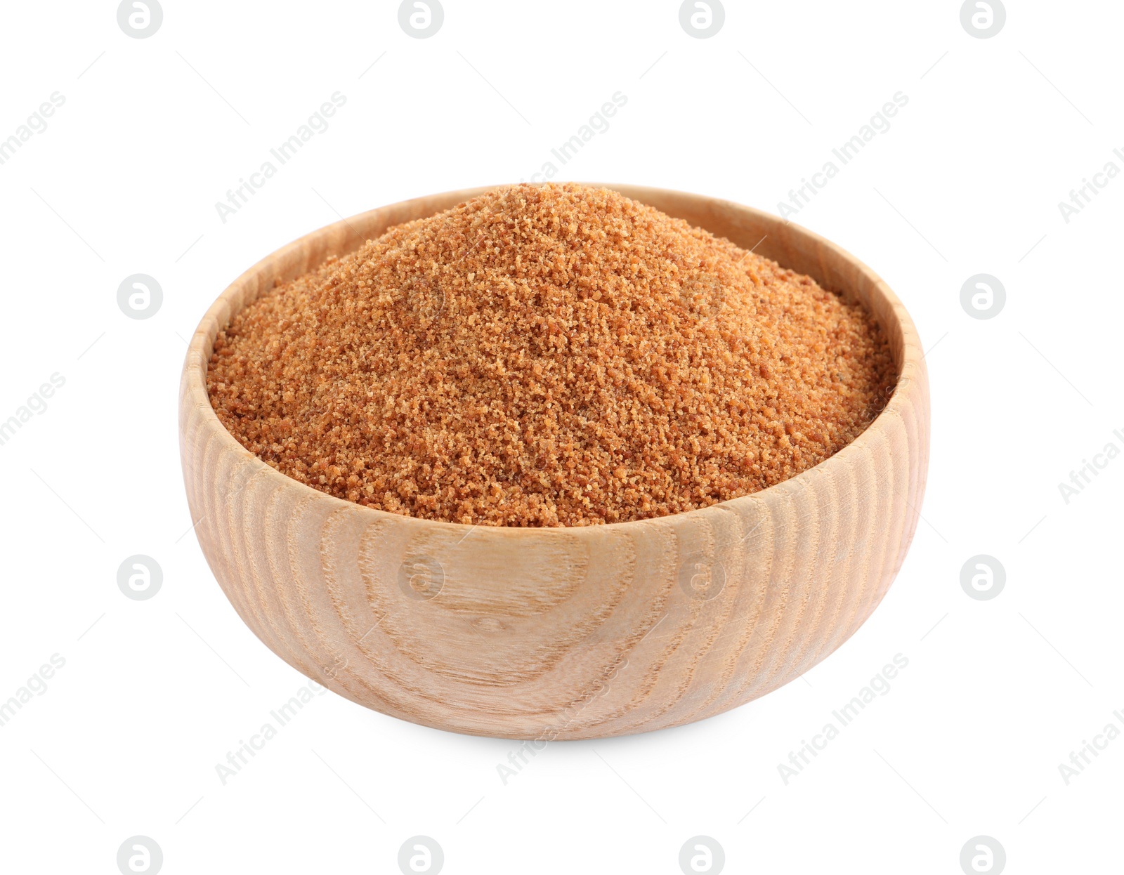 Photo of Natural coconut sugar in bowl isolated on white