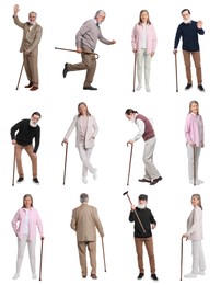 Collage with photos of senior men and woman with walking canes on white background