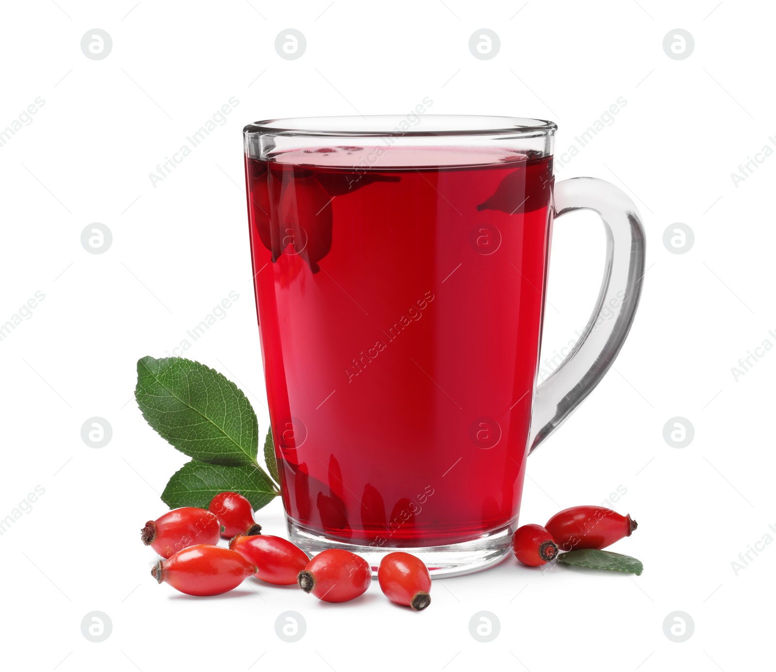 Photo of Aromatic rose hip tea and fresh berries on white background