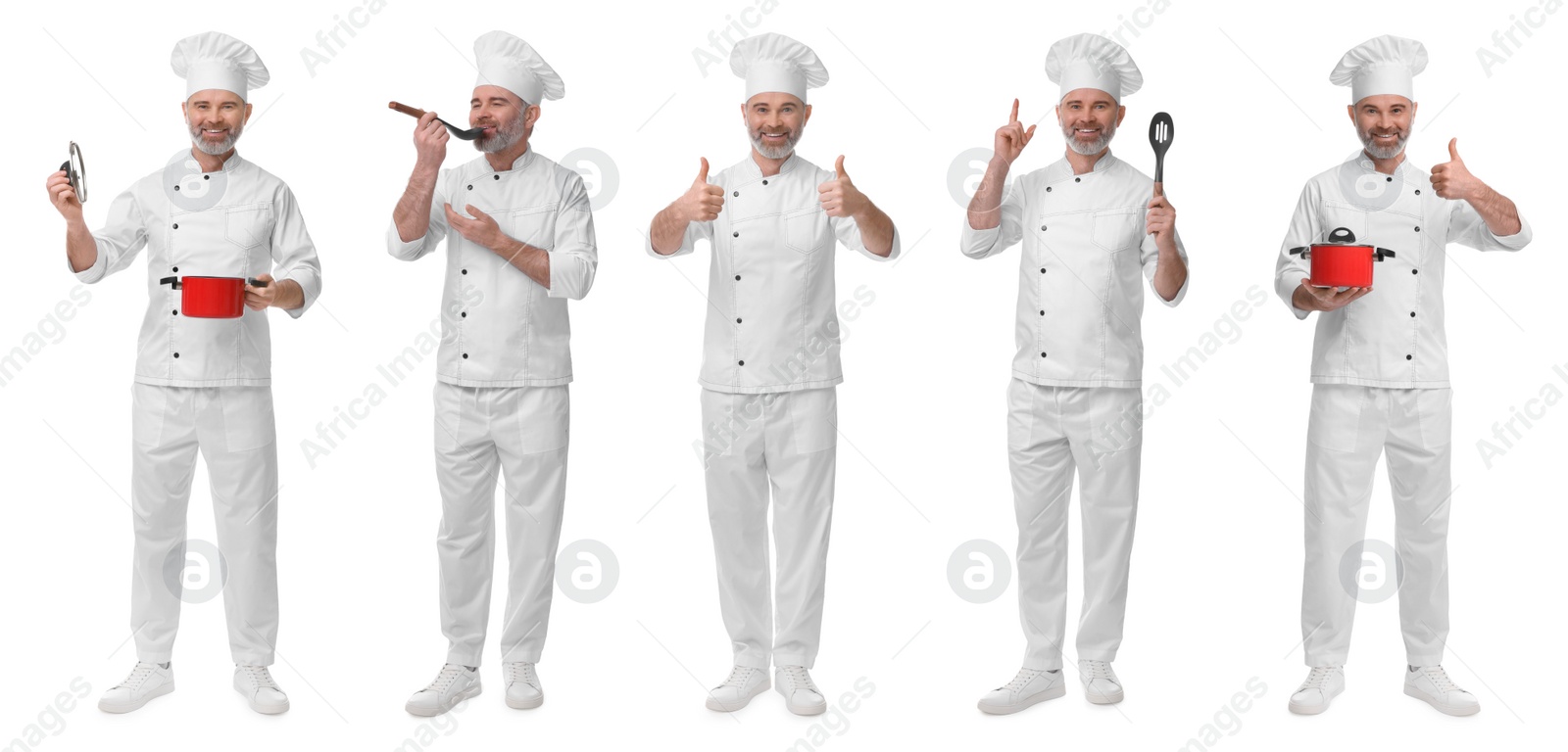 Image of Chef in uniform on white background, set with photos