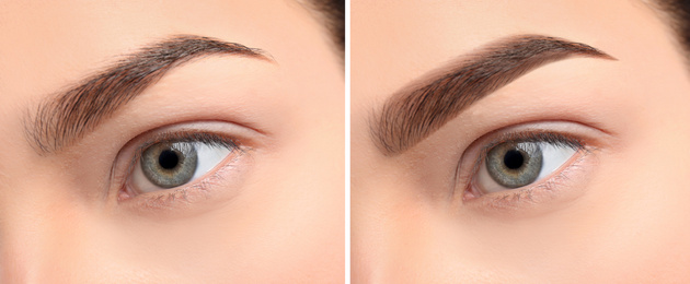 Image of Woman before and after eyebrow correction, closeup. Banner design