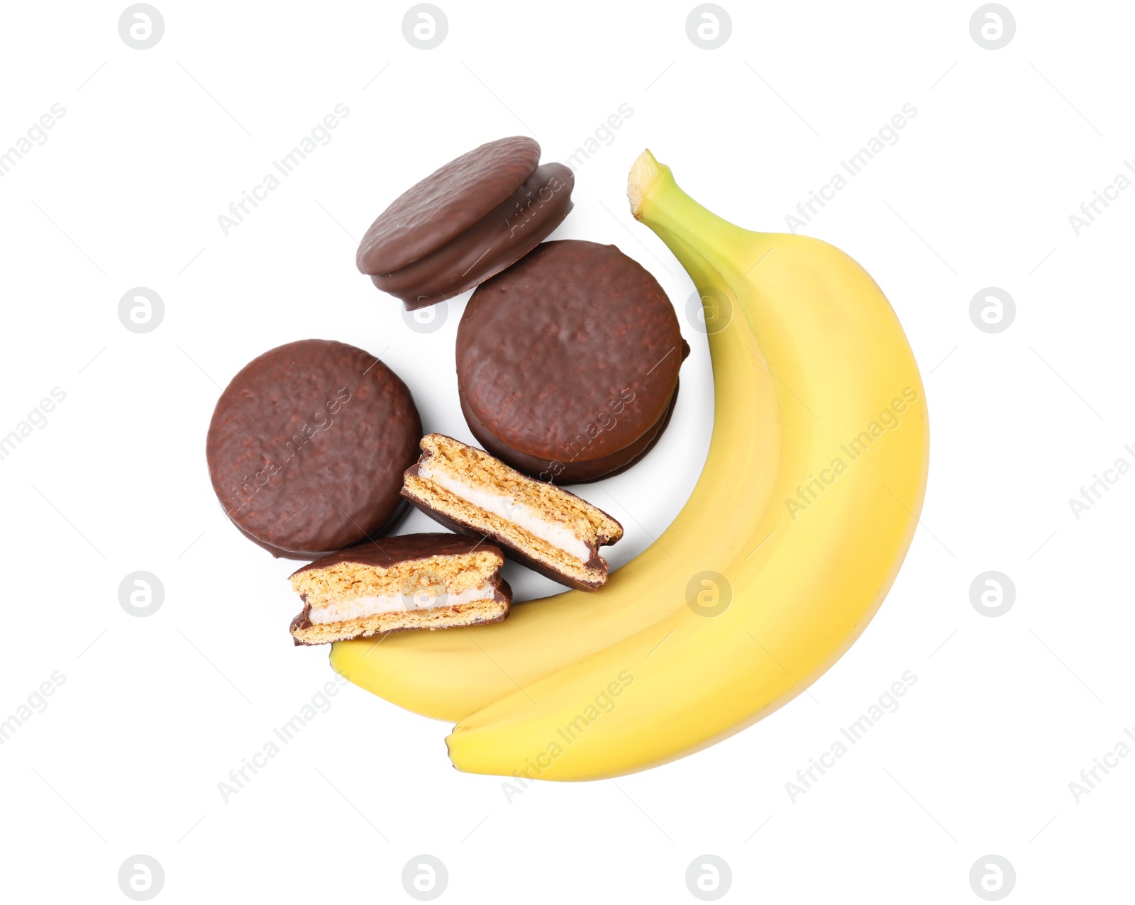 Photo of Tasty banana choco pies and fresh fruits isolated on white, top view