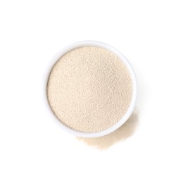 Granulated yeast in bowl on white background, top view