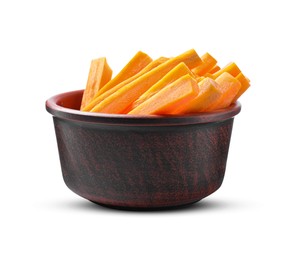 Photo of Bowl of delicious carrot sticks isolated on white
