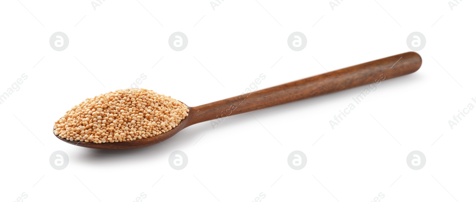 Photo of Wooden spoon with raw quinoa isolated on white