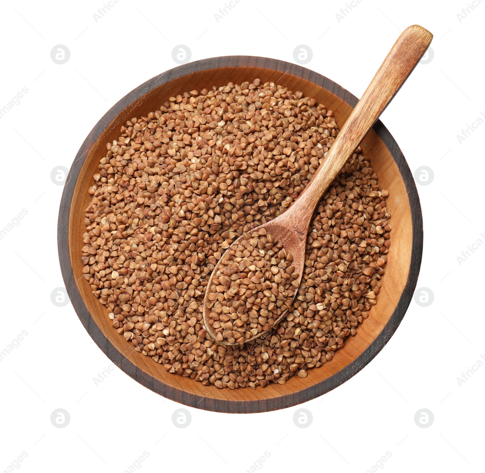 Photo of Bowl and spoon with dry buckwheat isolated on white, top view