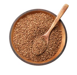 Bowl and spoon with dry buckwheat isolated on white, top view