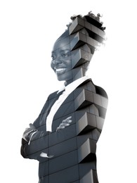 Double exposure of businesswoman and office building