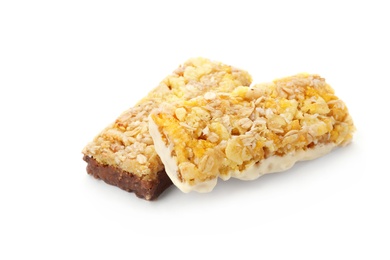 Photo of Tasty protein bars on white background. Healthy snack