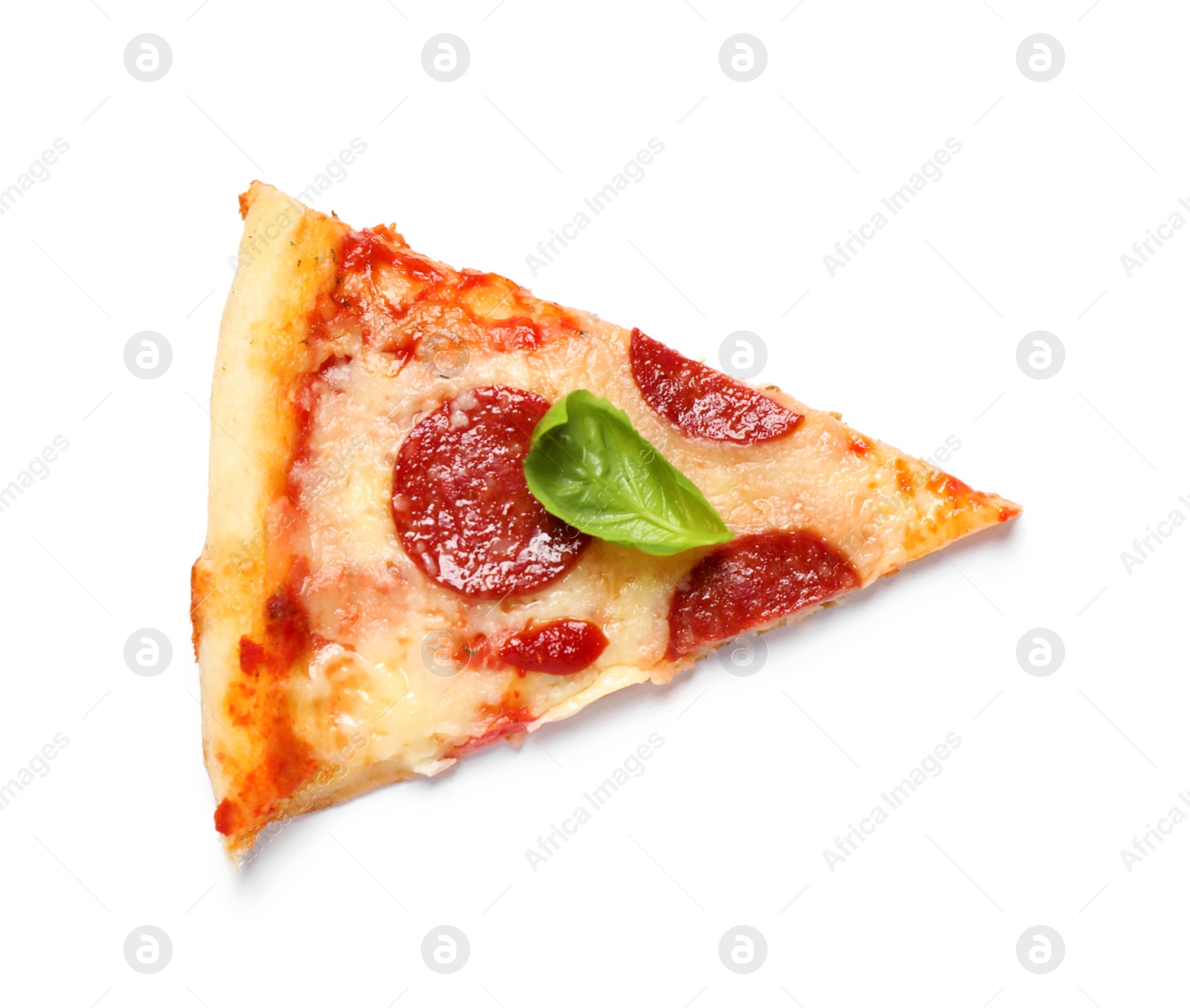 Photo of Slice of hot delicious pepperoni pizza on white background, top view