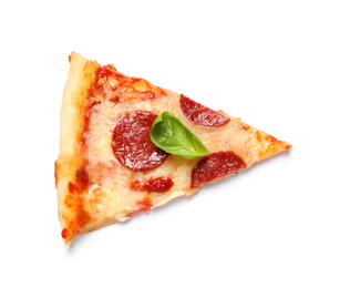 Slice of hot delicious pepperoni pizza on white background, top view