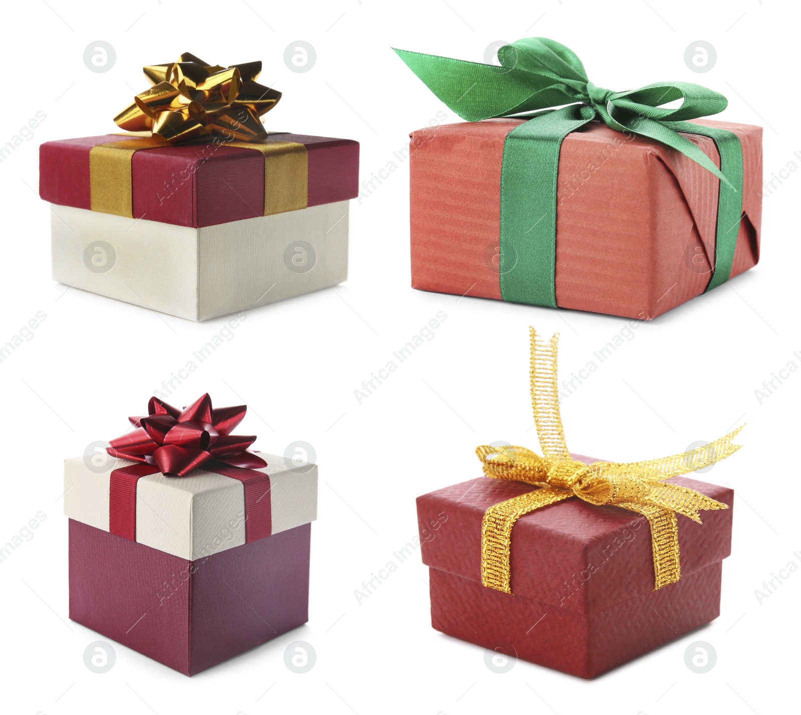 Image of Set of Christmas gift boxes on white background