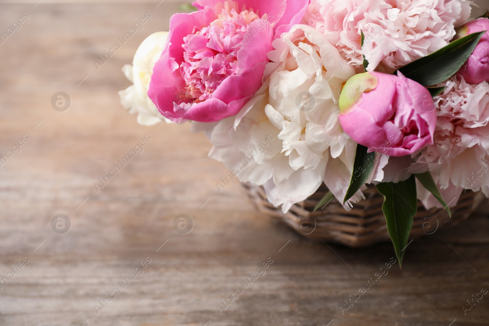 Photo of Beautiful peony bouquet in wicker basket on wooden table, closeup. Space for text