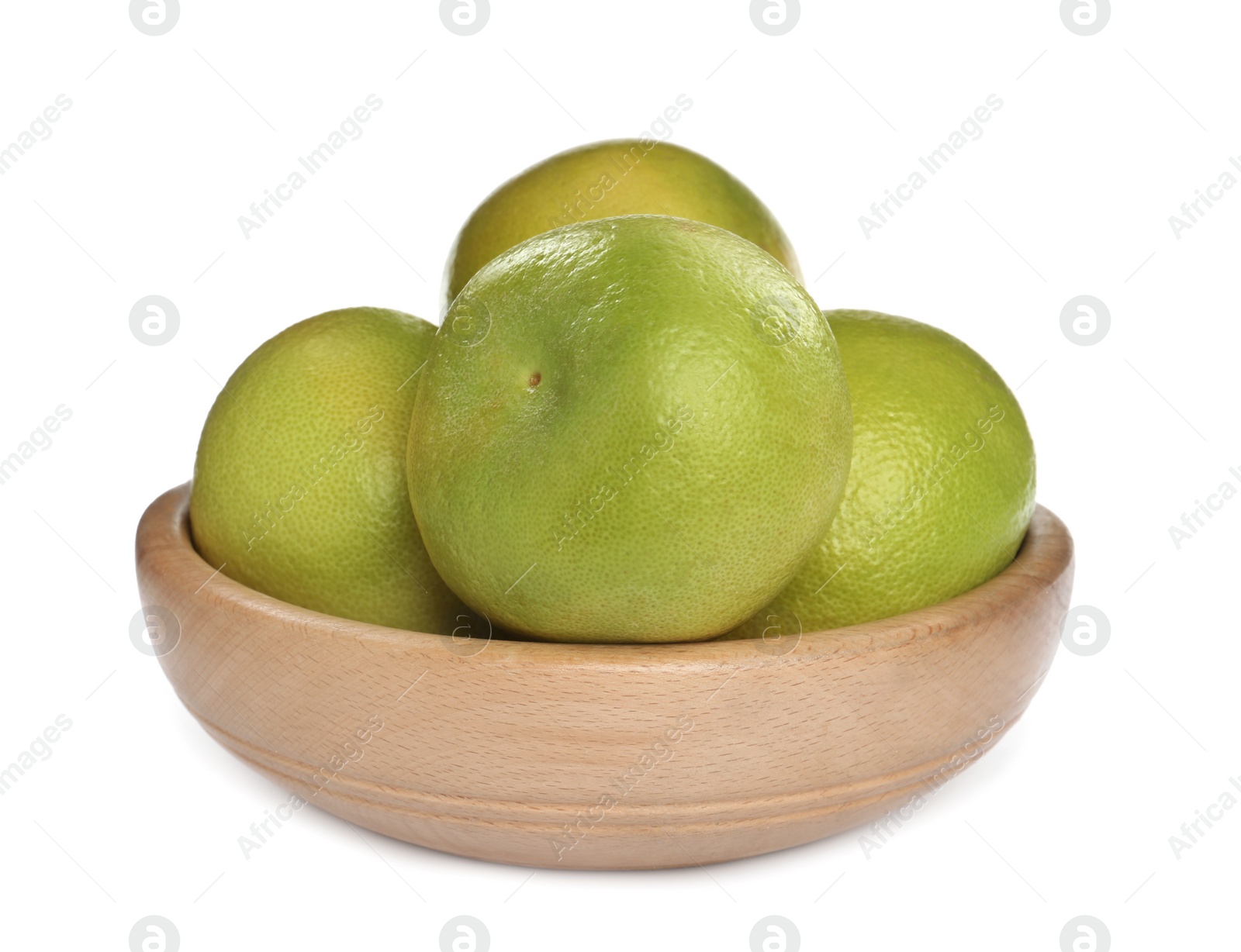 Photo of Fresh ripe sweetie fruits in wooden bowl on white background