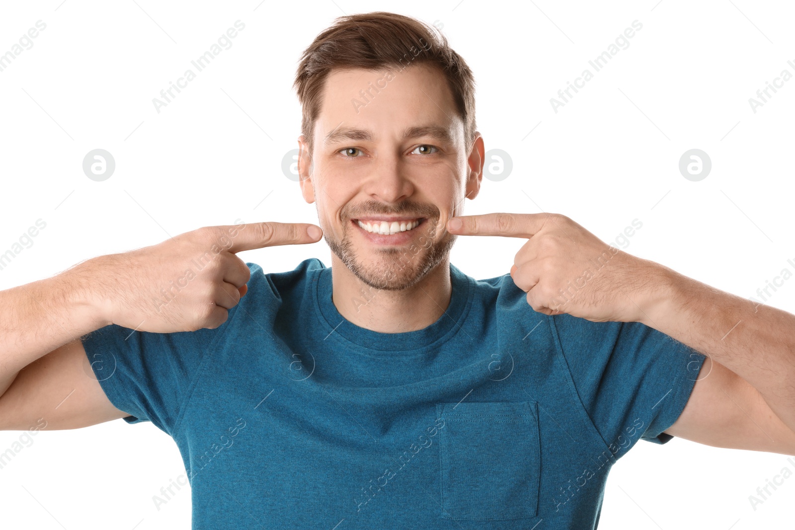 Photo of Smiling man with perfect teeth on white background