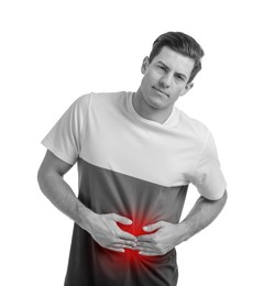 Image of Man suffering from abdominal pain on white background. Black and white effect with red accent