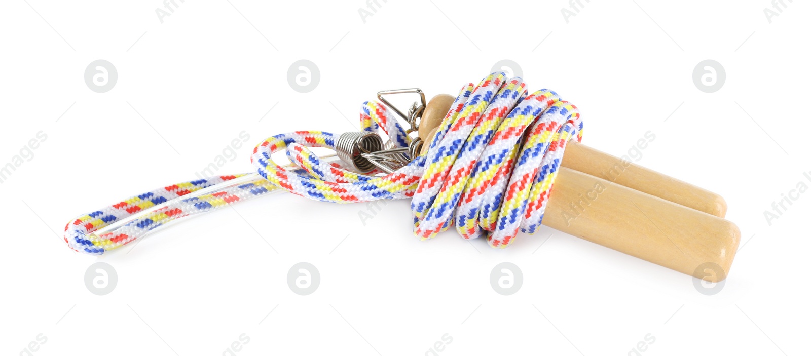 Photo of Skipping rope on white background. Sports equipment