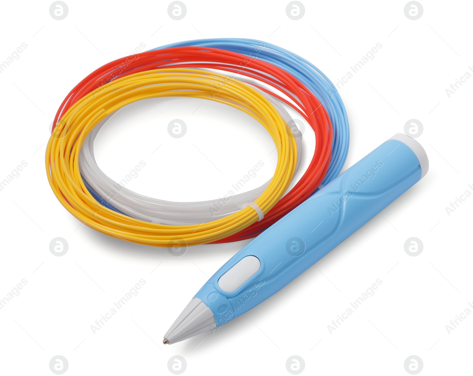 Photo of Stylish 3D pen and colorful plastic filaments on white background