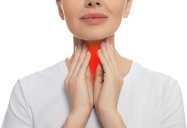 Image of Endocrine system. Woman doing thyroid self examination on white background, closeup