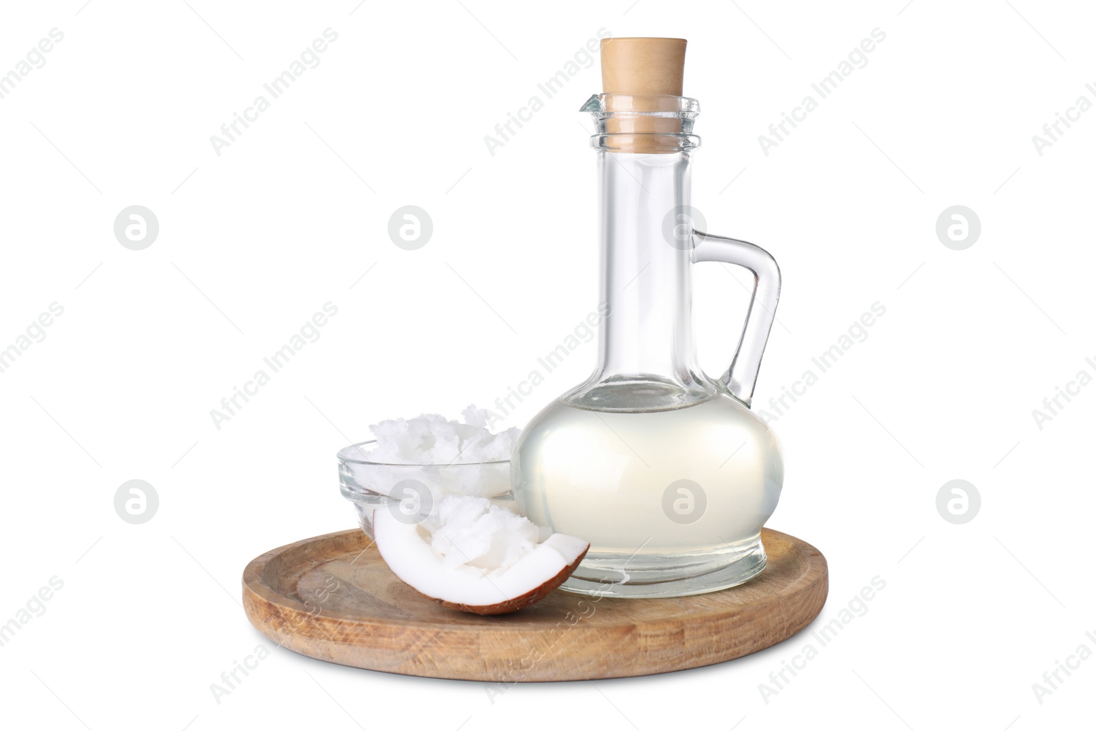 Photo of Composition with coconut oil on white background