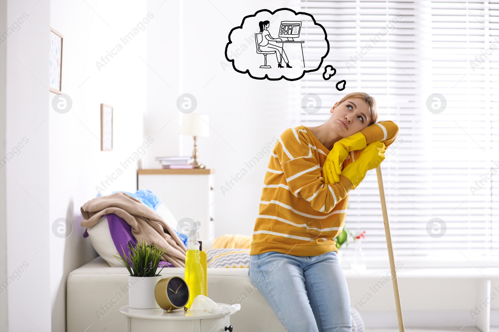 Image of Housewife dreaming about new job at home. Concept of balance between life and work
