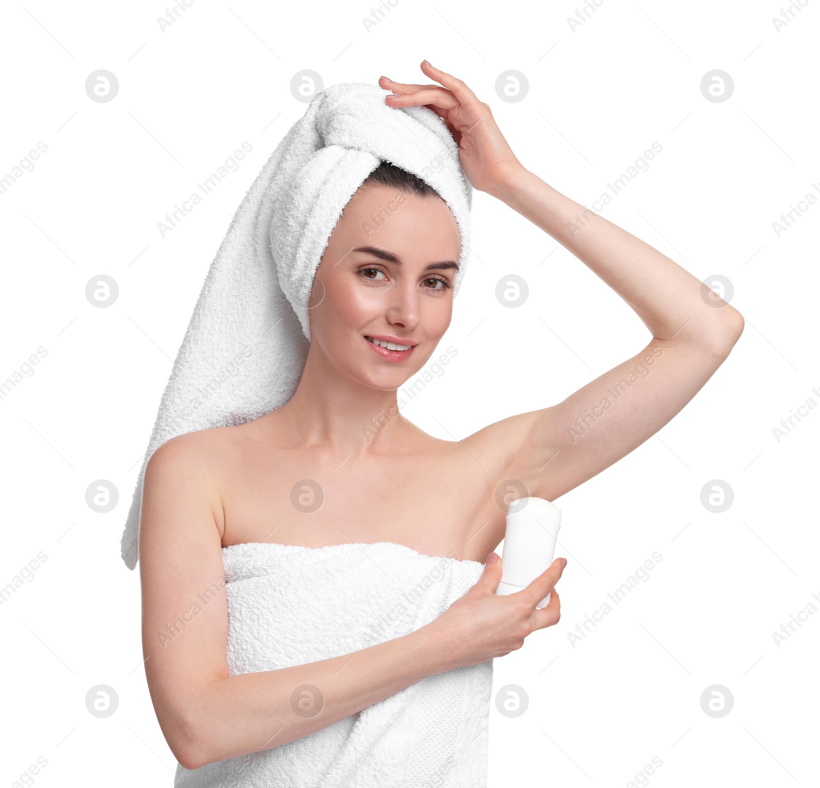 Photo of Beautiful woman applying deodorant on white background