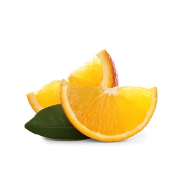 Photo of Slices of ripe orange with leaf isolated on white