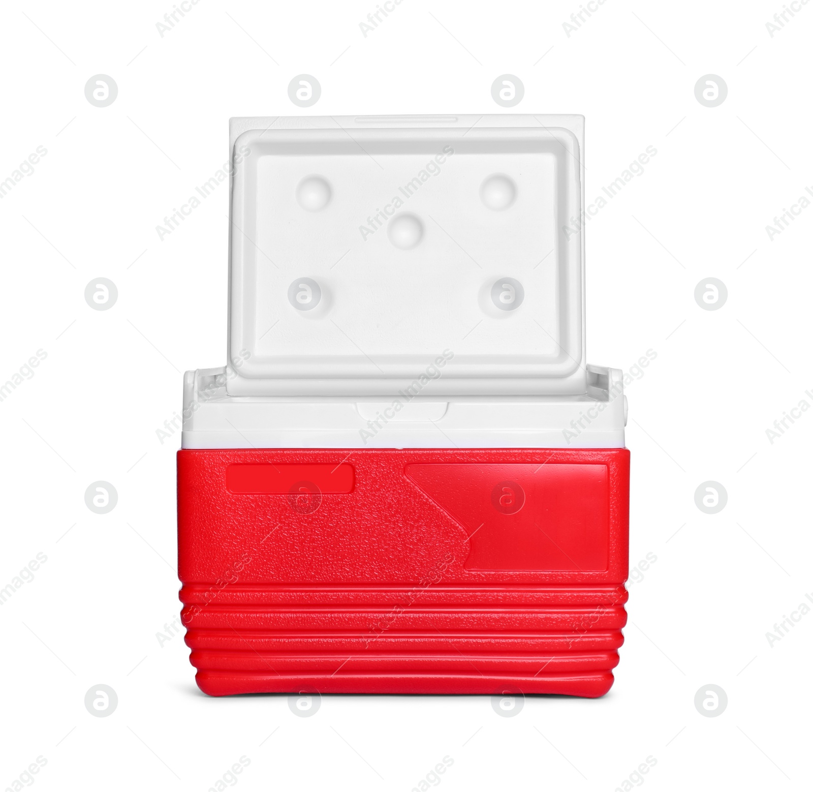 Photo of Red plastic cool box isolated on white