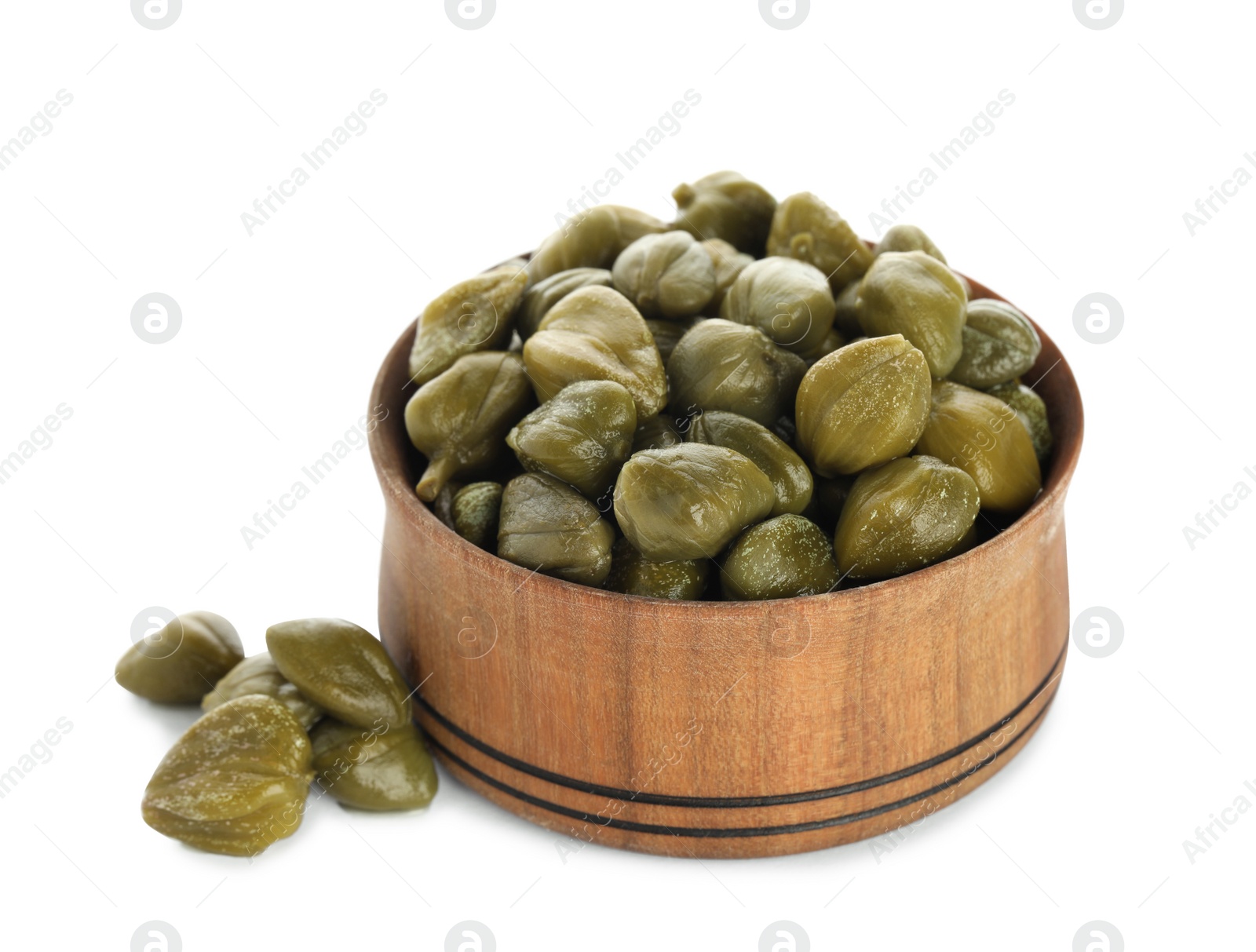 Photo of Capers and wooden bowl isolated on white