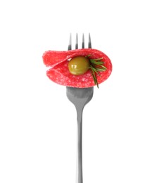 Photo of Fork with tasty slice of salami, olive and rosemary isolated on white