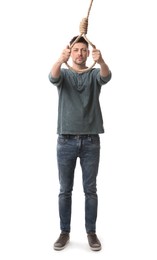 Depressed man with rope noose on white background